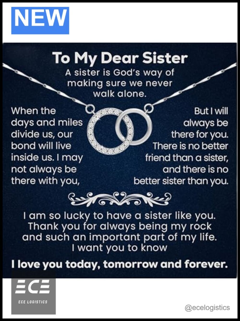 Sister Necklace Two Linked Circles Cubic Zirconia Stainless Steel Gift